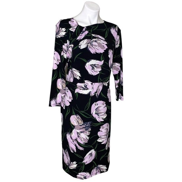Ann Taylor Factory Floral Print Black & Lilac Dress 3/4 Sleeves Size 10 - Picture 3 of 9